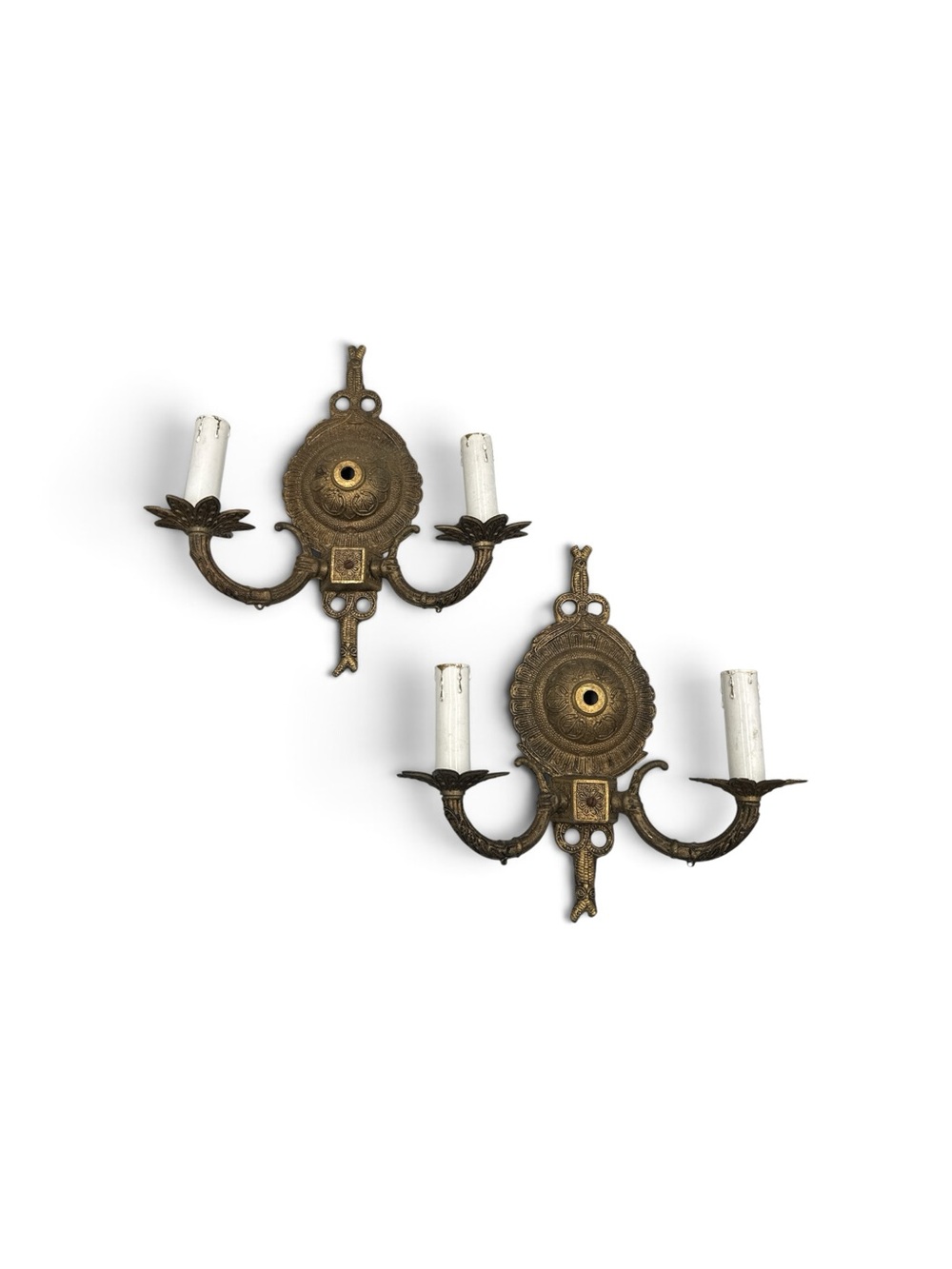Antique 1920s Pair Ornate Cast Brass Double Arm Electric Wall Sconces